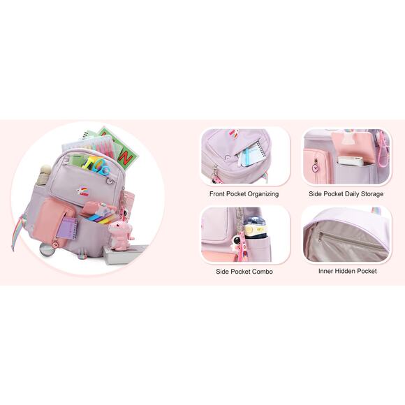 Cute Girls School Backpack Purple Pink Waterproof Bookbag with Keychain Gift - Picture 9 of 14